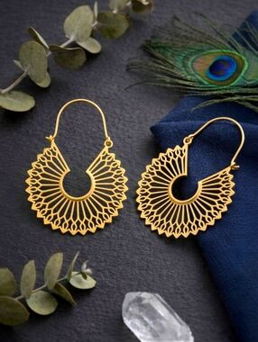 Artisanal 100% Brass Fan Shape Hoop Earrings Gold Filigree Celestial Witchy Boho
